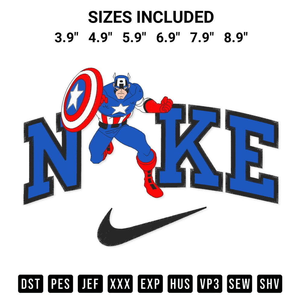 Download the Nike Captain America Embroidery Design machine embroidery design exclusively at Designspacks.com. Premium digitized pattern for apparel and DIY crafts. Available sizes: 3.9", 4.9", 5.9", 6.9", 7.9", 8.9".