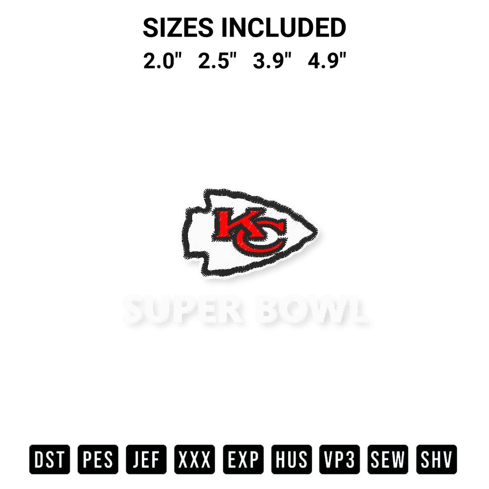 Get the Kansas City Chiefs Super Bowl Embroidery Design embroidery design for your custom crafts! Premium digitized files available for instant download at Designspacks.com. Available sizes: 2.0", 2.5", 3.9", 4.9".