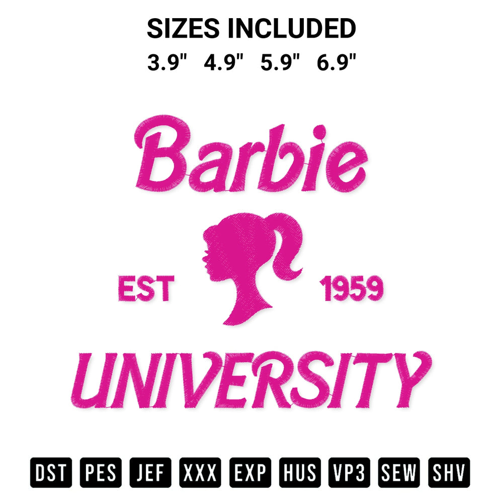 Transform your fabrics with the Barbie University Embroidery Design embroidery design. Instant access to premium digitized patterns at Designspacks.com. Available sizes: 3.9", 4.9", 5.9", 6.9".