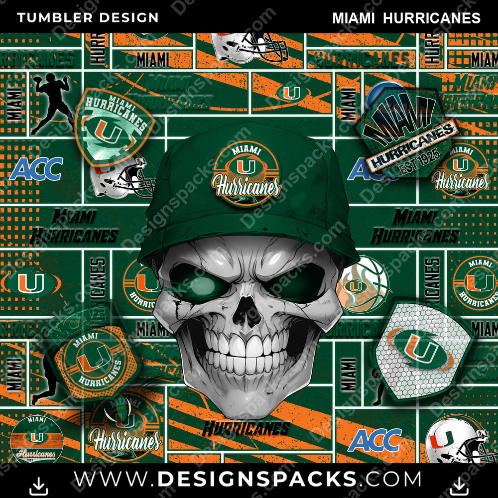 College Sport Skull Miami Hurricanes Tumbler Digital Wrap Design