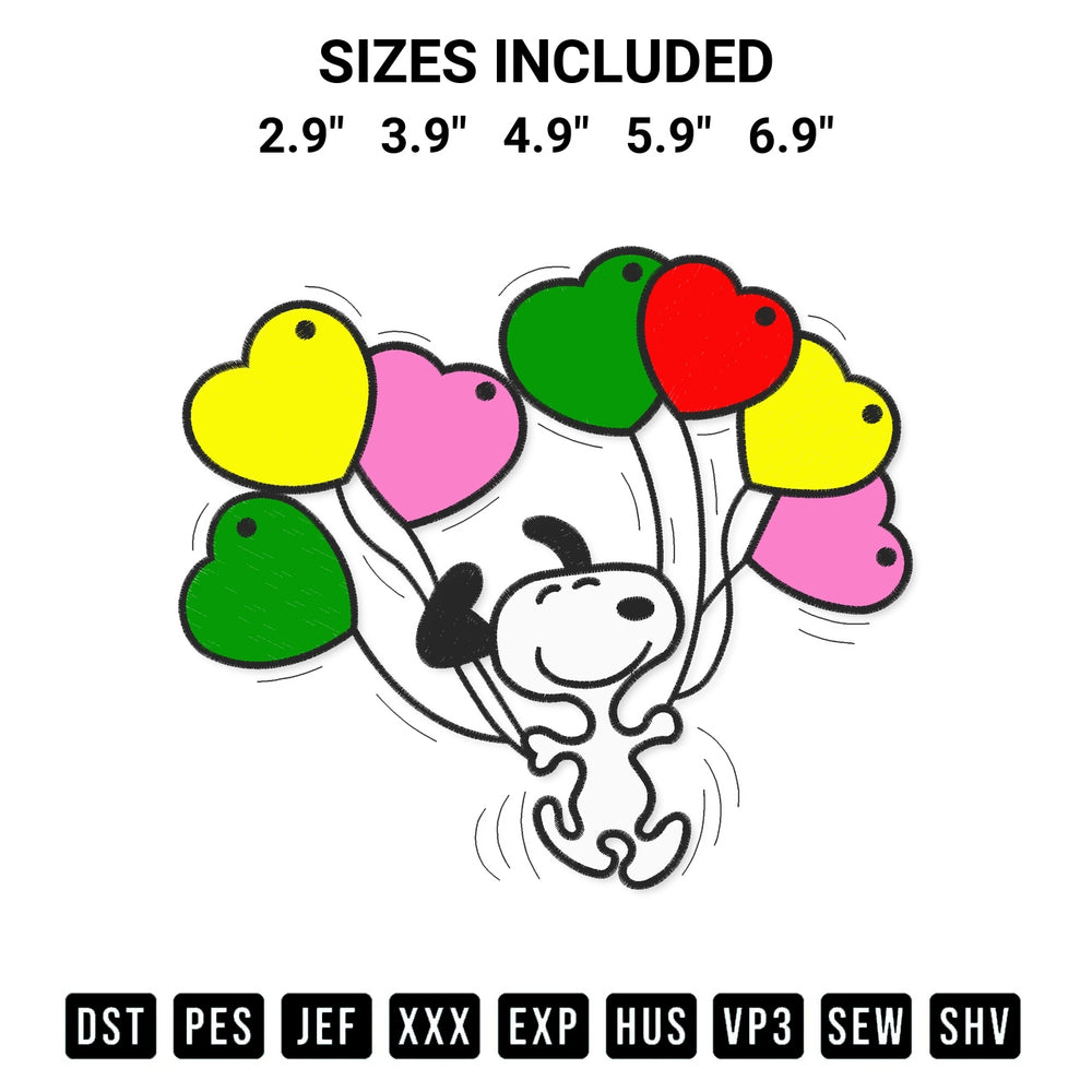 Shop the Snoopy With Balloons Embroidery Design machine embroidery pattern at Designspacks.com. Beautifully digitized for flawless stitching on any fabric. Available sizes: 2.9", 3.9", 4.9", 5.9", 6.9".