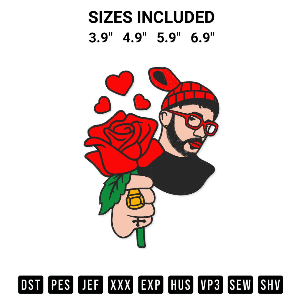 Stitch like a pro with the Bad Bunny Valentine Embroidery Design embroidery pattern from Designspacks.com. High-quality digital machine embroidery file. Available sizes: 3.9", 4.9", 5.9", 6.9".