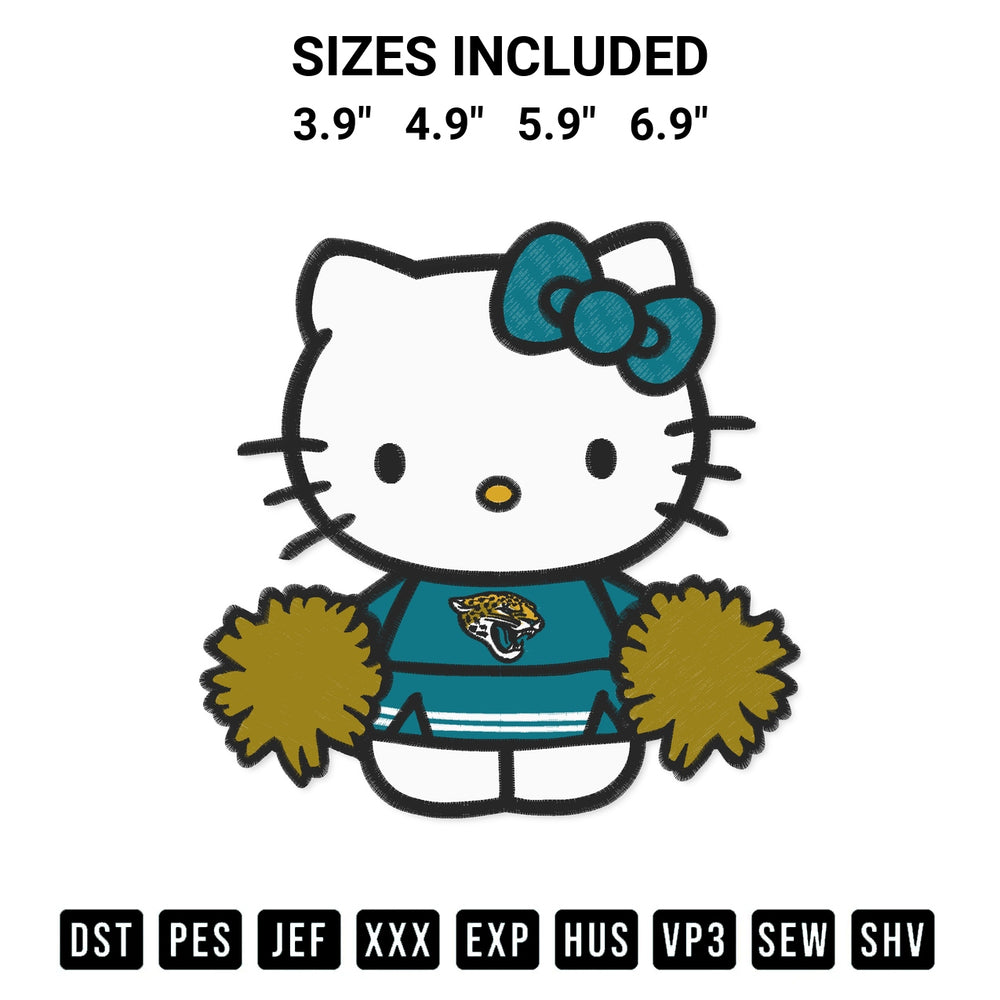 Get the Jacksonville Jaguars Hello Kitty Cheerleader Embroidery Design embroidery design for your custom crafts! Premium digitized files available for instant download at Designspacks.com. Available sizes: 3.9", 4.9", 5.9", 6.9".