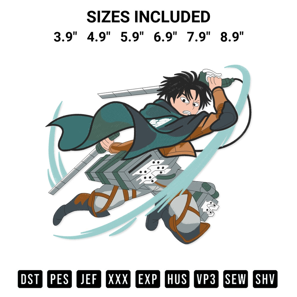 Create amazing crafts with the Levi Ackerman Anime Embroidery Design embroidery file. High-quality digital download from Designspacks.com, perfect for beginners and pros. Available sizes: 3.9", 4.9", 5.9", 6.9", 7.9", 8.9".