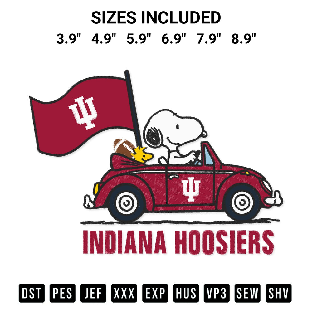 Add a unique touch to your apparel with the Snoopy And Woodstock Driving Car Indiana Hoosiers Embroidery Design embroidery file. Premium instant download available now on Designspacks.com. Available sizes: 3.9", 4.9", 5.9", 6.9", 7.9", 8.9".