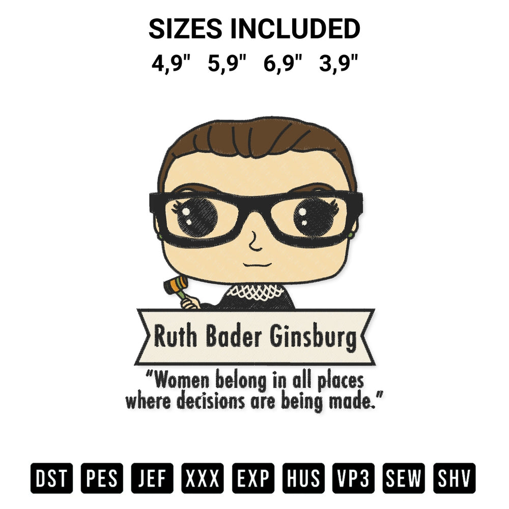 Looking for the perfect pattern? Download the Cute Rbg Ruth Bader Ginsburg Chibi Be Independent Feminist Logo Embroidery Design embroidery design today at Designspacks.com. Crisp, clean stitching guaranteed. Available sizes: 4,9", 5,9", 6,9", 3,9".