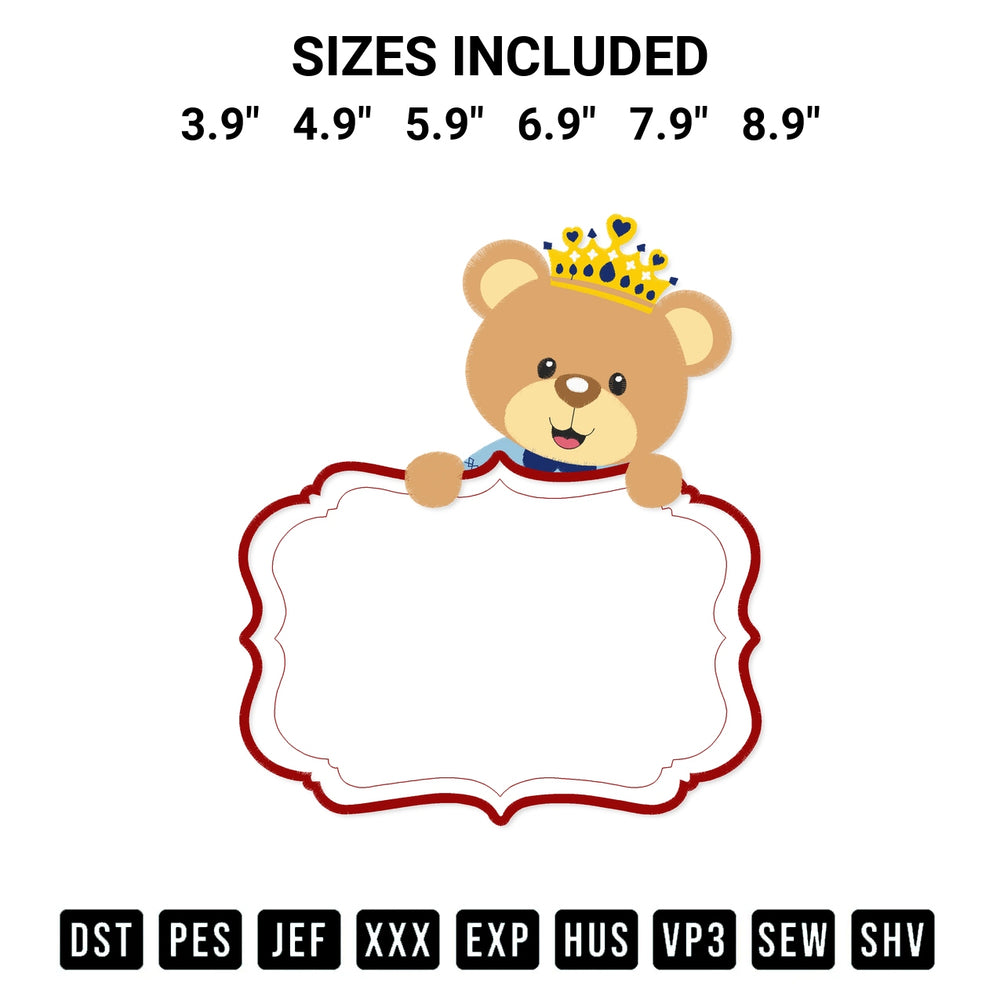 Add a unique touch to your apparel with the Cute Bear Prince Frame Embroidery Design embroidery file. Premium instant download available now on Designspacks.com. Available sizes: 3.9", 4.9", 5.9", 6.9", 7.9", 8.9".