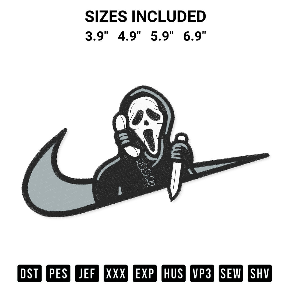 Transform your fabrics with the Swoosh Ghostface Halloween Embroidery Design embroidery design. Instant access to premium digitized patterns at Designspacks.com. Available sizes: 3.9", 4.9", 5.9", 6.9".