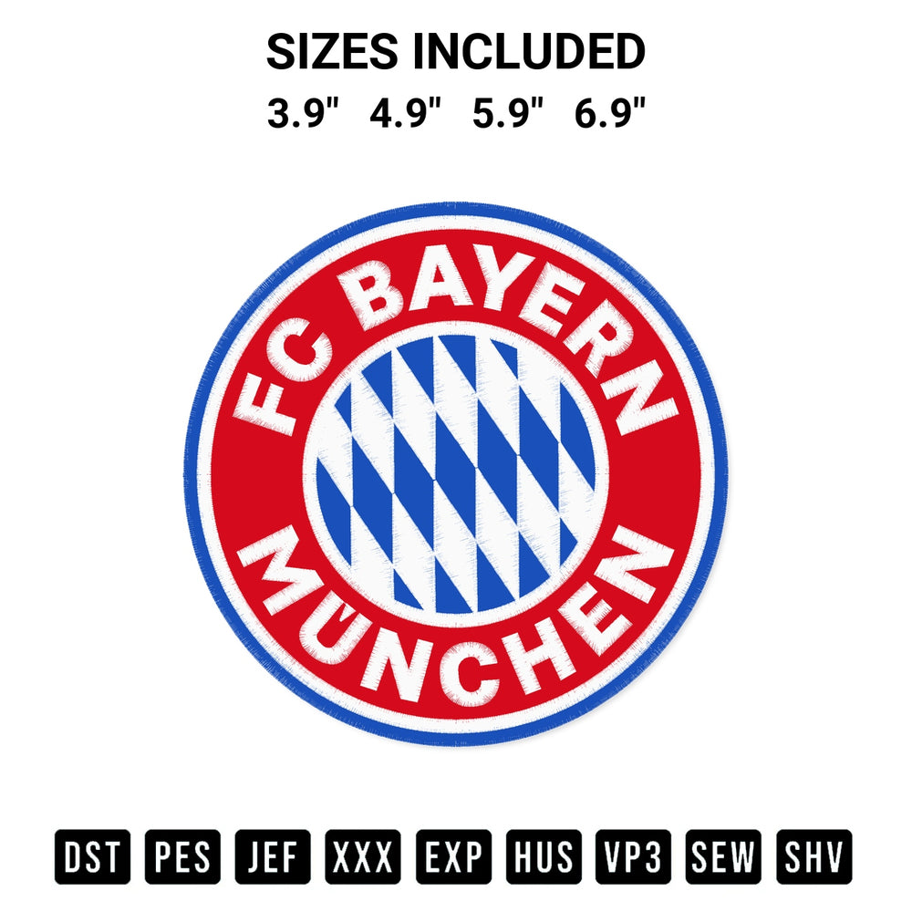 Transform your fabrics with the Fc Bayern Munich Logo Embroidery Design embroidery design. Instant access to premium digitized patterns at Designspacks.com. Available sizes: 3.9", 4.9", 5.9", 6.9".