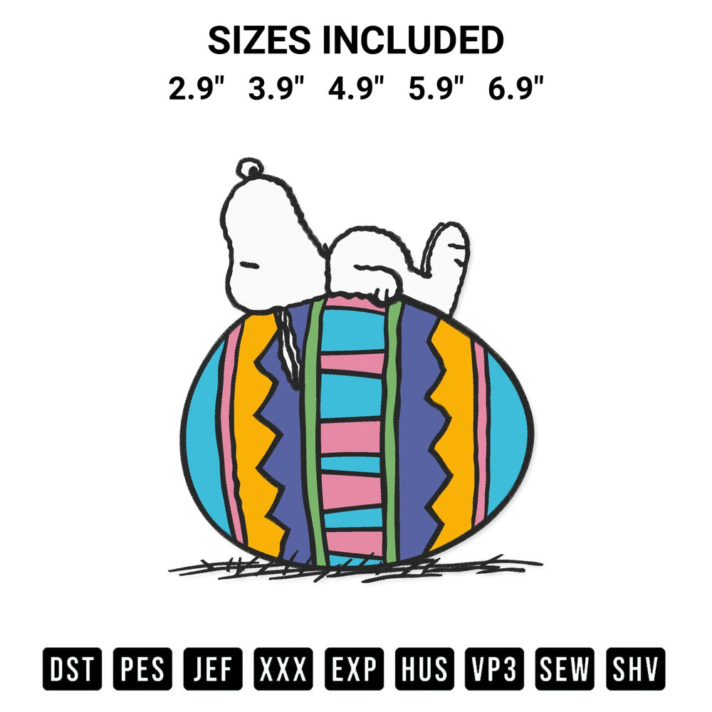 Elevate your next project with our Snoopy Laying On Easter Egg Embroidery Design embroidery file. Shop high-quality digital patterns instantly at Designspacks.com. Available sizes: 2.9", 3.9", 4.9", 5.9", 6.9".