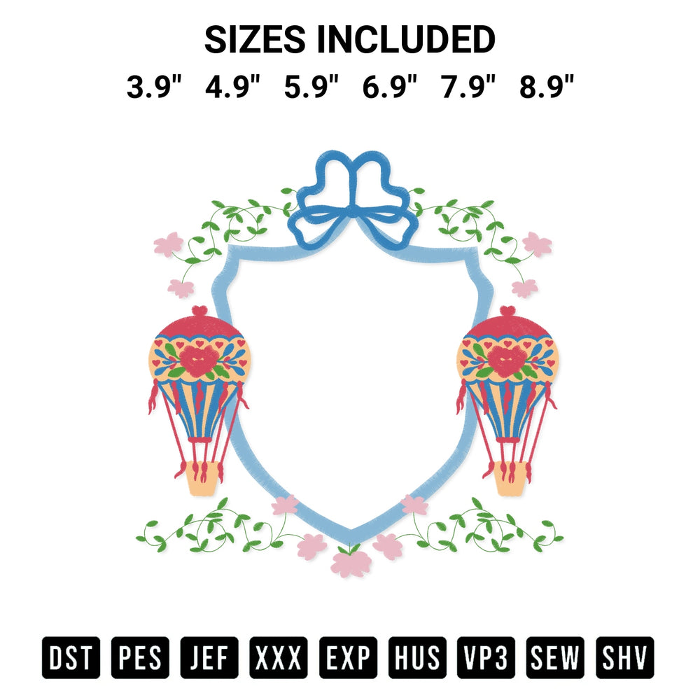 Get the Frame Bow Hot Air Balloon With Flowers Embroidery Design embroidery design for your custom crafts! Premium digitized files available for instant download at Designspacks.com. Available sizes: 3.9", 4.9", 5.9", 6.9", 7.9", 8.9".
