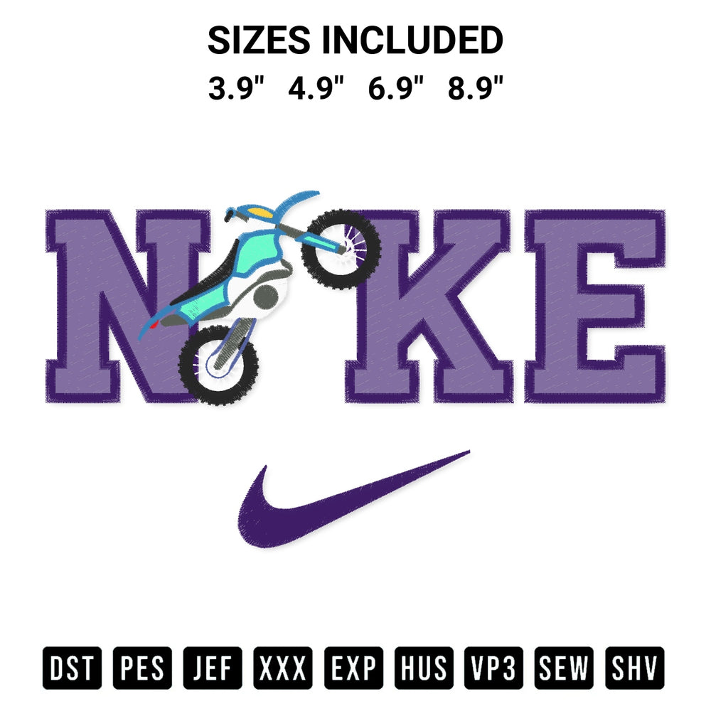 Stitch like a pro with the Motorbike Nike Embroidery Design embroidery pattern from Designspacks.com. High-quality digital machine embroidery file. Available sizes: 3.9", 4.9", 6.9", 8.9".