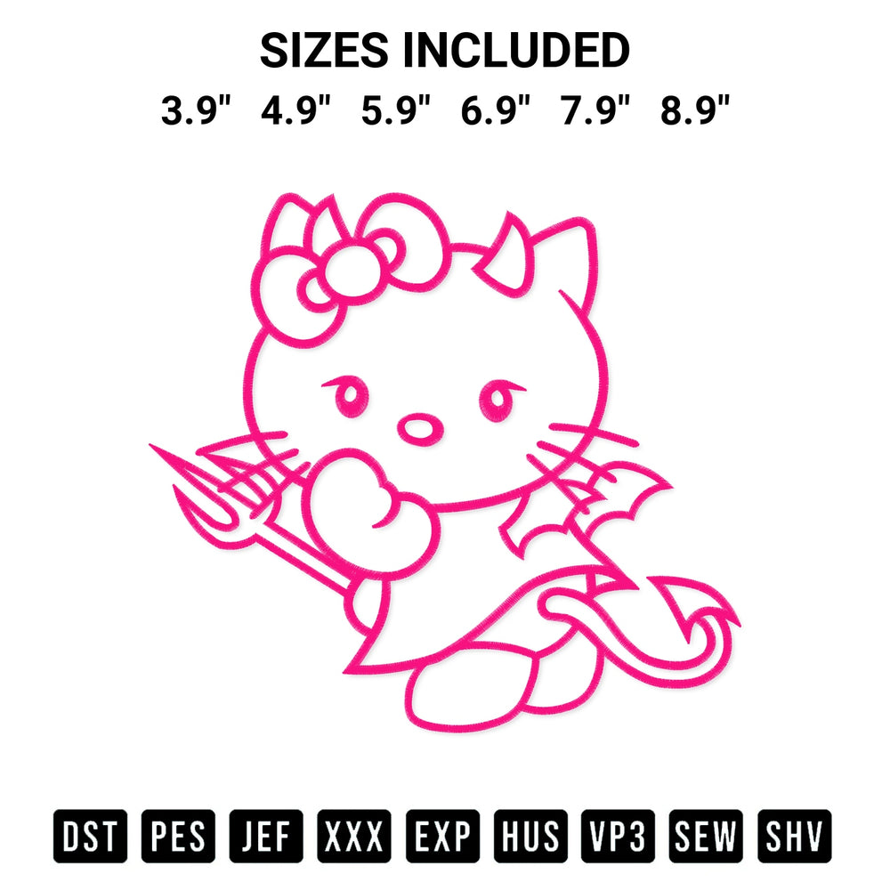 Add a unique touch to your apparel with the Pattern Hello Kitty Devil Embroidery Design embroidery file. Premium instant download available now on Designspacks.com. Available sizes: 3.9", 4.9", 5.9", 6.9", 7.9", 8.9".