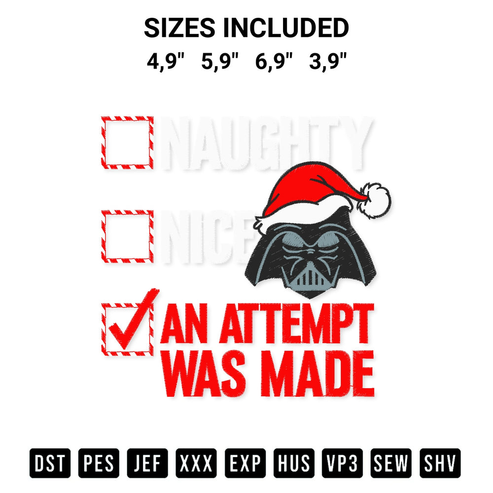 Transform your fabrics with the Star Wars Christmas Darth Vader Naughty Or Nice Checklist Xmas Holiday Embroidery Design embroidery design. Instant access to premium digitized patterns at Designspacks.com. Available sizes: 4,9", 5,9", 6,9", 3,9".