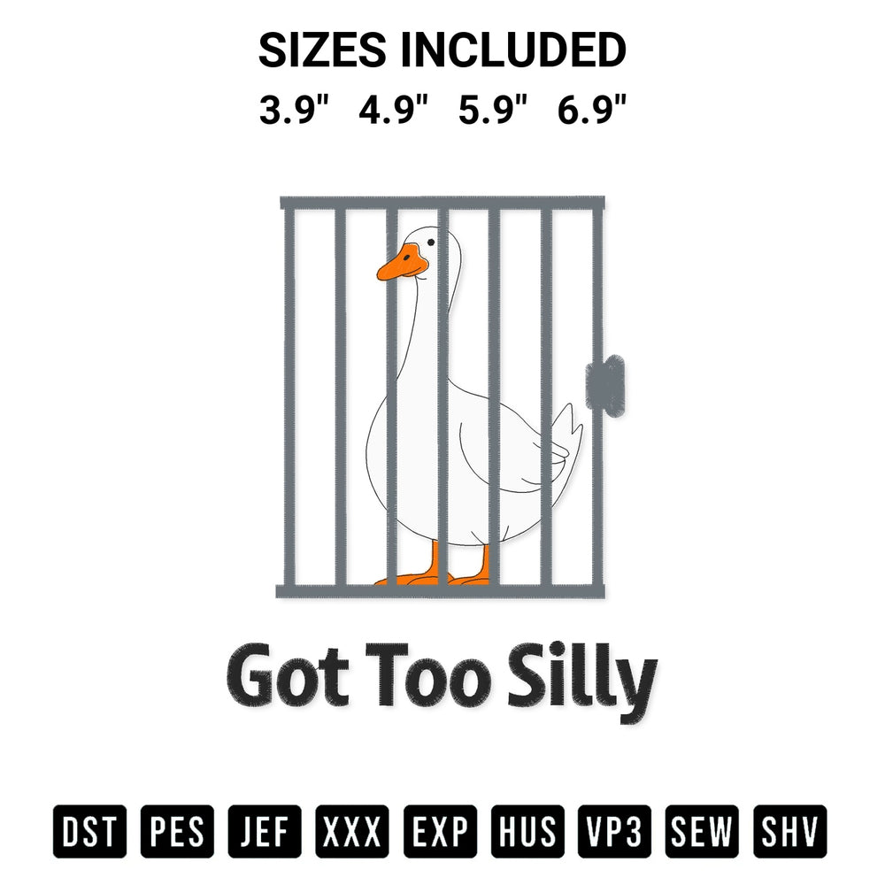 Download the Got Too Silly Embroidery Design machine embroidery design exclusively at Designspacks.com. Premium digitized pattern for apparel and DIY crafts. Available sizes: 3.9", 4.9", 5.9", 6.9".