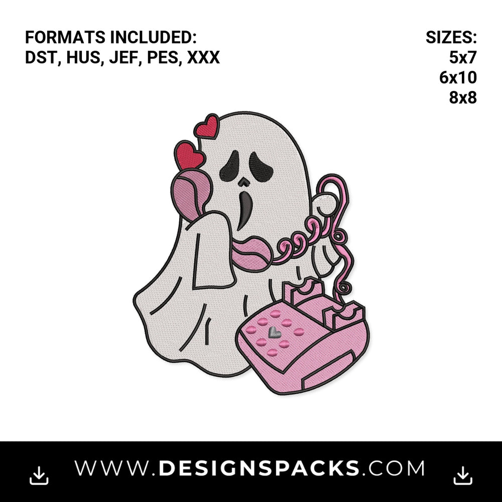 Cute Ghostface Calling on Pink Phone Embroidery Design - Instant digital download pattern at Designspacks.com