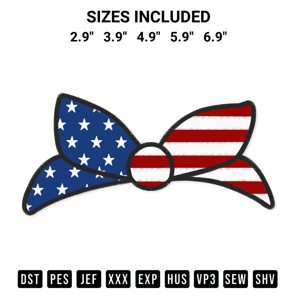 Stitch like a pro with the Usa Flag Bow Embroidery Design embroidery pattern from Designspacks.com. High-quality digital machine embroidery file. Available sizes: 2.9", 3.9", 4.9", 5.9", 6.9".