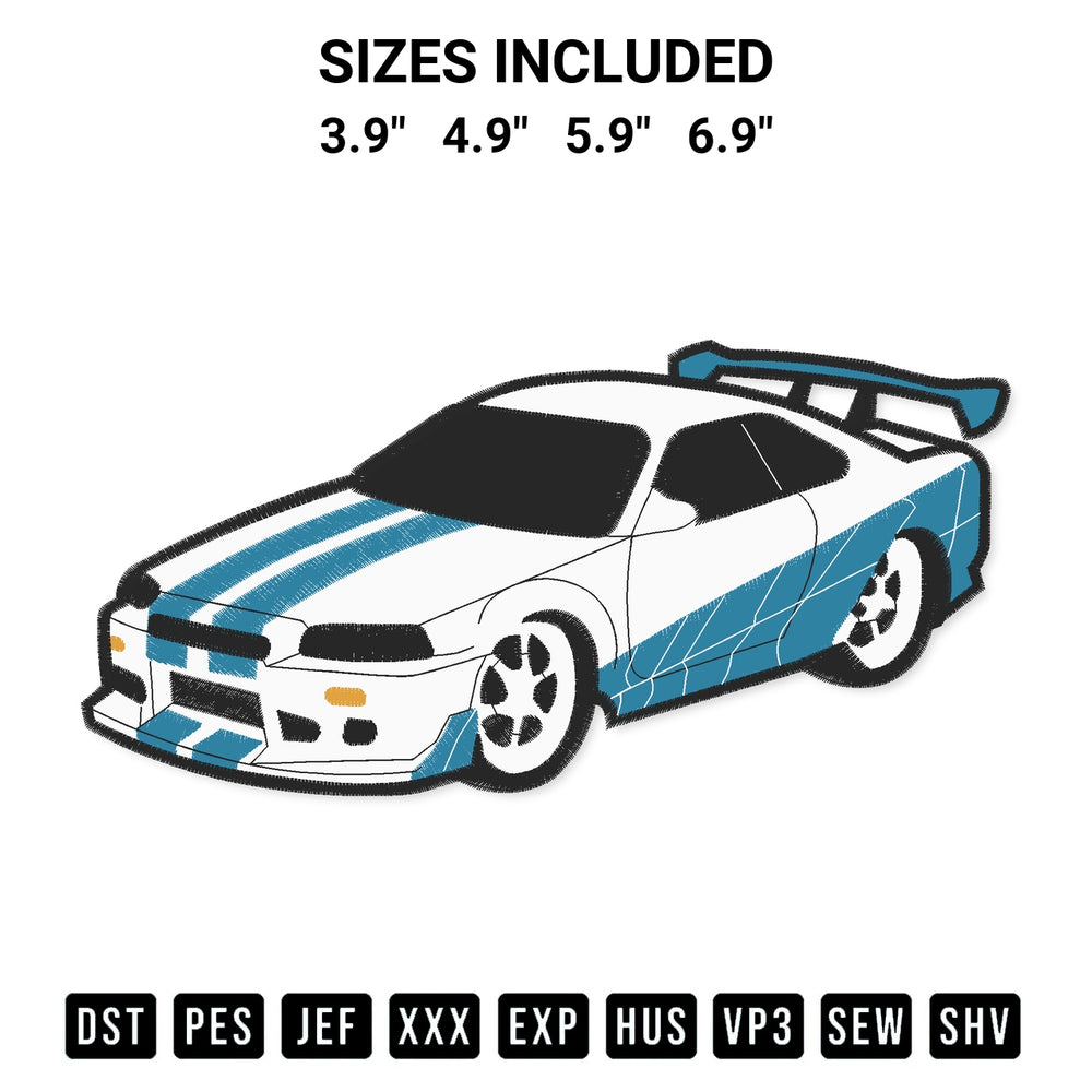 Discover the perfect addition to your crafting collection: Skyline Gtr R34 Embroidery Design embroidery file. Instantly available at Designspacks.com. Available sizes: 3.9", 4.9", 5.9", 6.9".