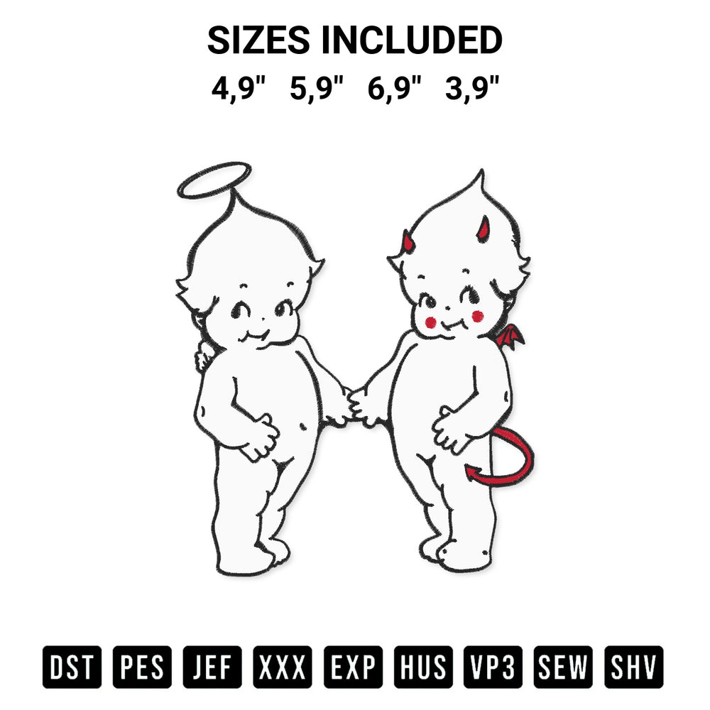 Stitch like a pro with the Angel And Devil Cuties Kids Gift Cute Logo Embroidery Design embroidery pattern from Designspacks.com. High-quality digital machine embroidery file. Available sizes: 4,9", 5,9", 6,9", 3,9".