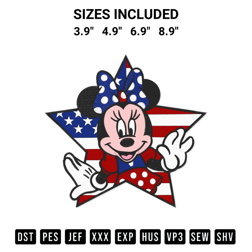Add a unique touch to your apparel with the Minnie Mouse Independence Day Embroidery Design embroidery file. Premium instant download available now on Designspacks.com. Available sizes: 3.9", 4.9", 6.9", 8.9".