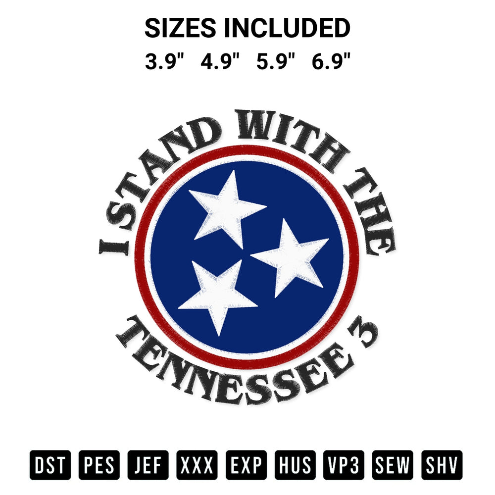 Download the I Stand With The Tennessee 3 Embroidery Design machine embroidery design exclusively at Designspacks.com. Premium digitized pattern for apparel and DIY crafts. Available sizes: 3.9", 4.9", 5.9", 6.9".