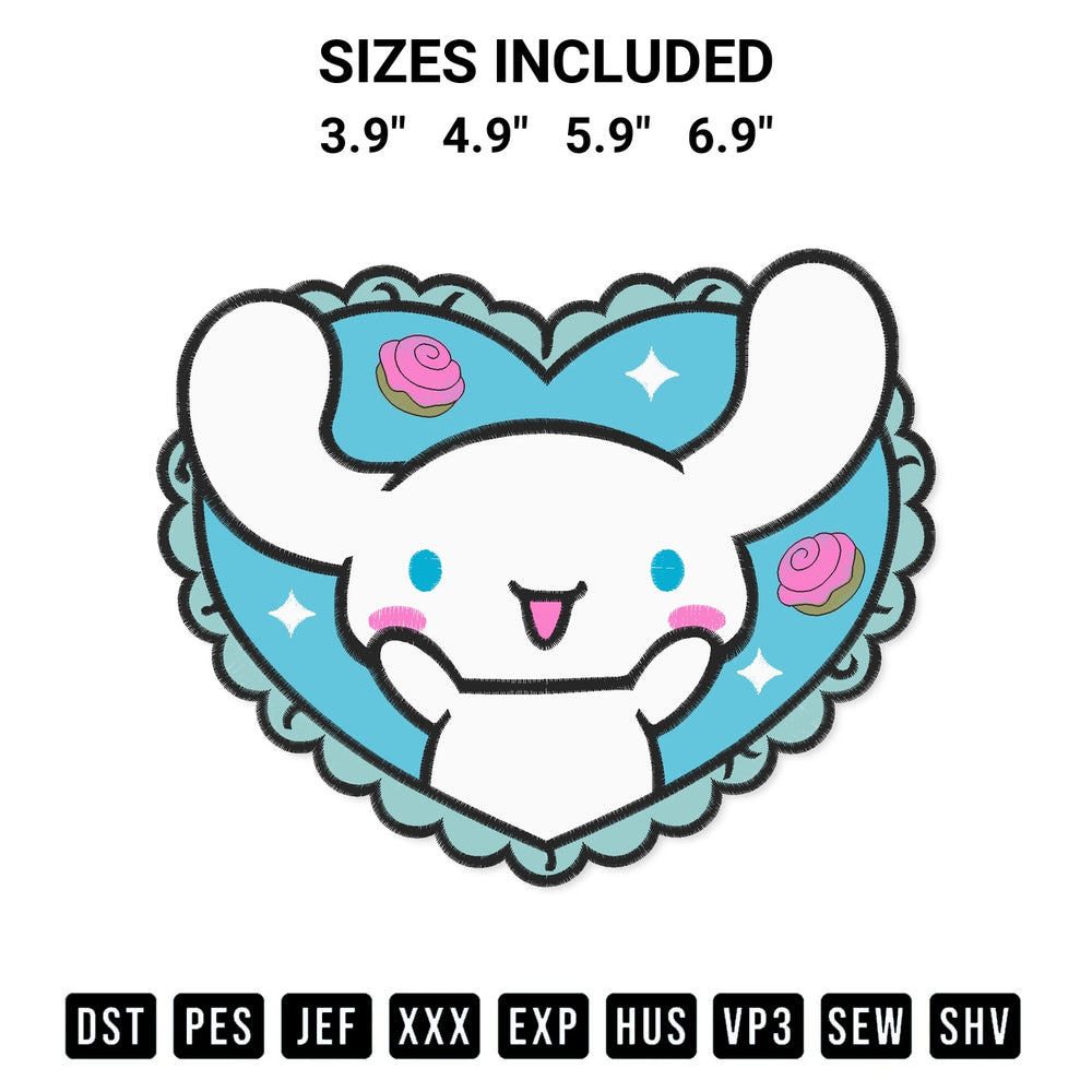 Create amazing crafts with the Cinnamoroll Heart Cute Embroidery Design embroidery file. High-quality digital download from Designspacks.com, perfect for beginners and pros. Available sizes: 3.9", 4.9", 5.9", 6.9".