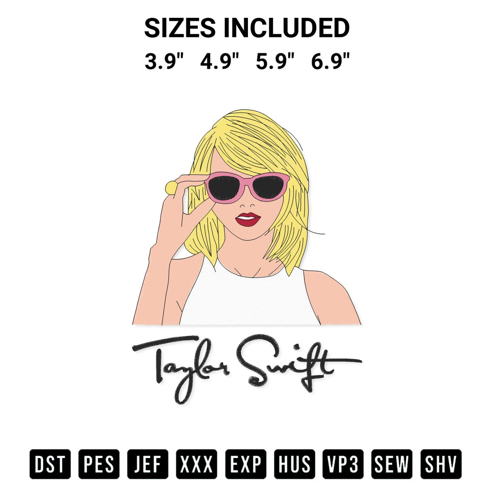Stitch like a pro with the Taylor Swift Embroidery Design embroidery pattern from Designspacks.com. High-quality digital machine embroidery file. Available sizes: 3.9", 4.9", 5.9", 6.9".
