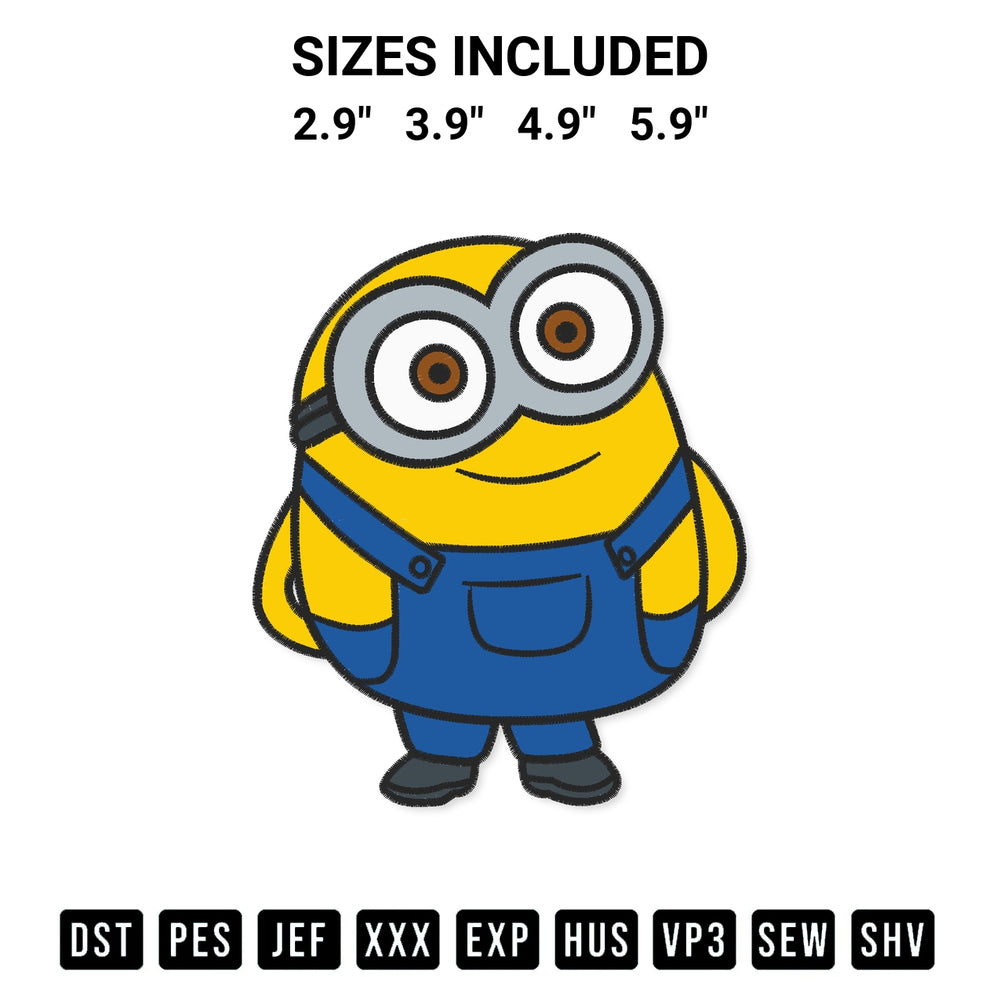 Create amazing crafts with the Bob Minion Embroidery Design embroidery file. High-quality digital download from Designspacks.com, perfect for beginners and pros. Available sizes: 2.9", 3.9", 4.9", 5.9".