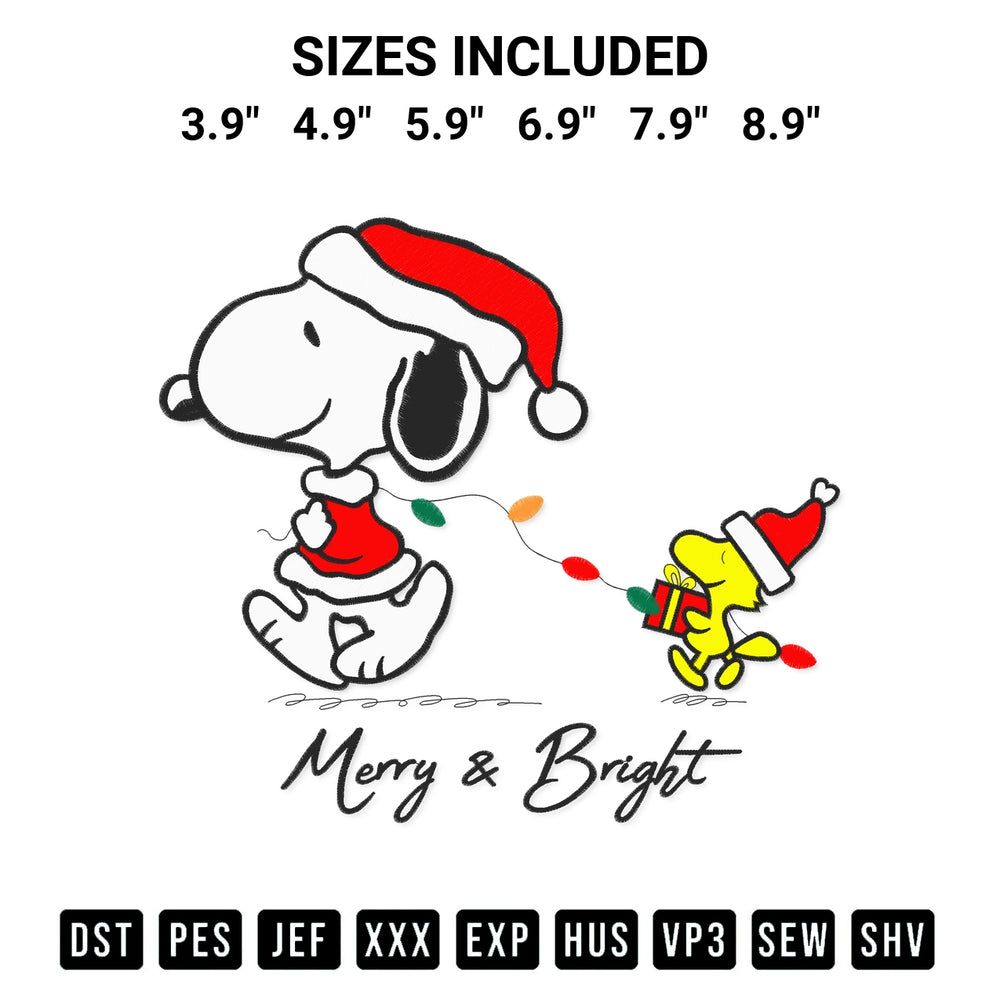 Shop the Merry And Bright Snoopy And Woodstock Christmas Embroidery Design machine embroidery pattern at Designspacks.com. Beautifully digitized for flawless stitching on any fabric. Available sizes: 3.9", 4.9", 5.9", 6.9", 7.9", 8.9".