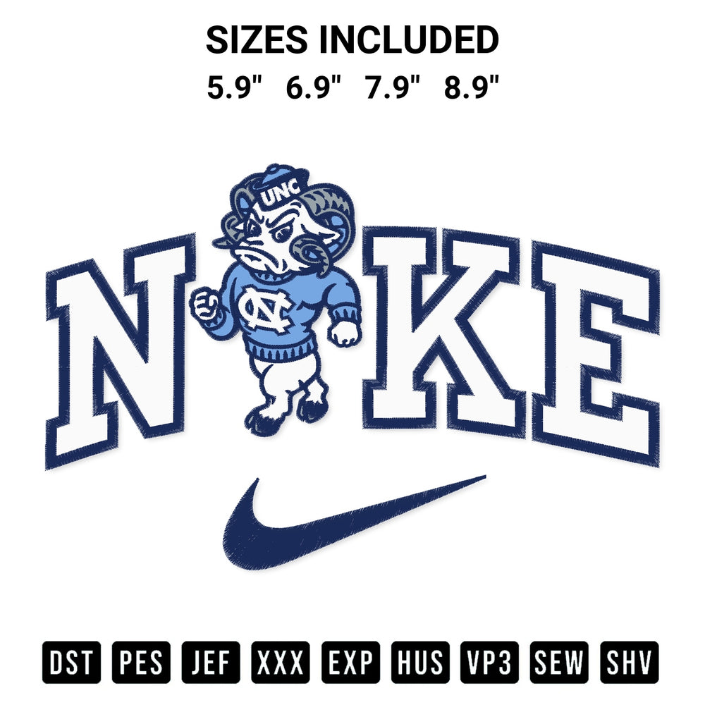 Stitch like a pro with the Nike Mascot North Carolina Tar Heels Embroidery Design embroidery pattern from Designspacks.com. High-quality digital machine embroidery file. Available sizes: 5.9", 6.9", 7.9", 8.9".