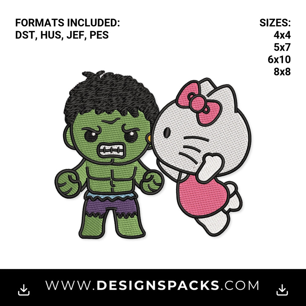 Cute Chibi Hulk and Hello Kitty Embroidery Design - Instant digital download pattern at Designspacks.com