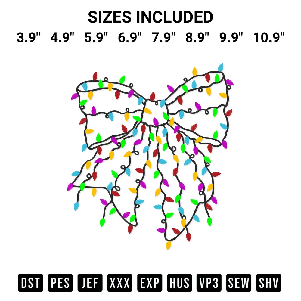 Get the Christmas Light Bow Embroidery Design embroidery design for your custom crafts! Premium digitized files available for instant download at Designspacks.com. Available sizes: 3.9", 4.9", 5.9", 6.9", 7.9", 8.9", 9.9", 10.9".