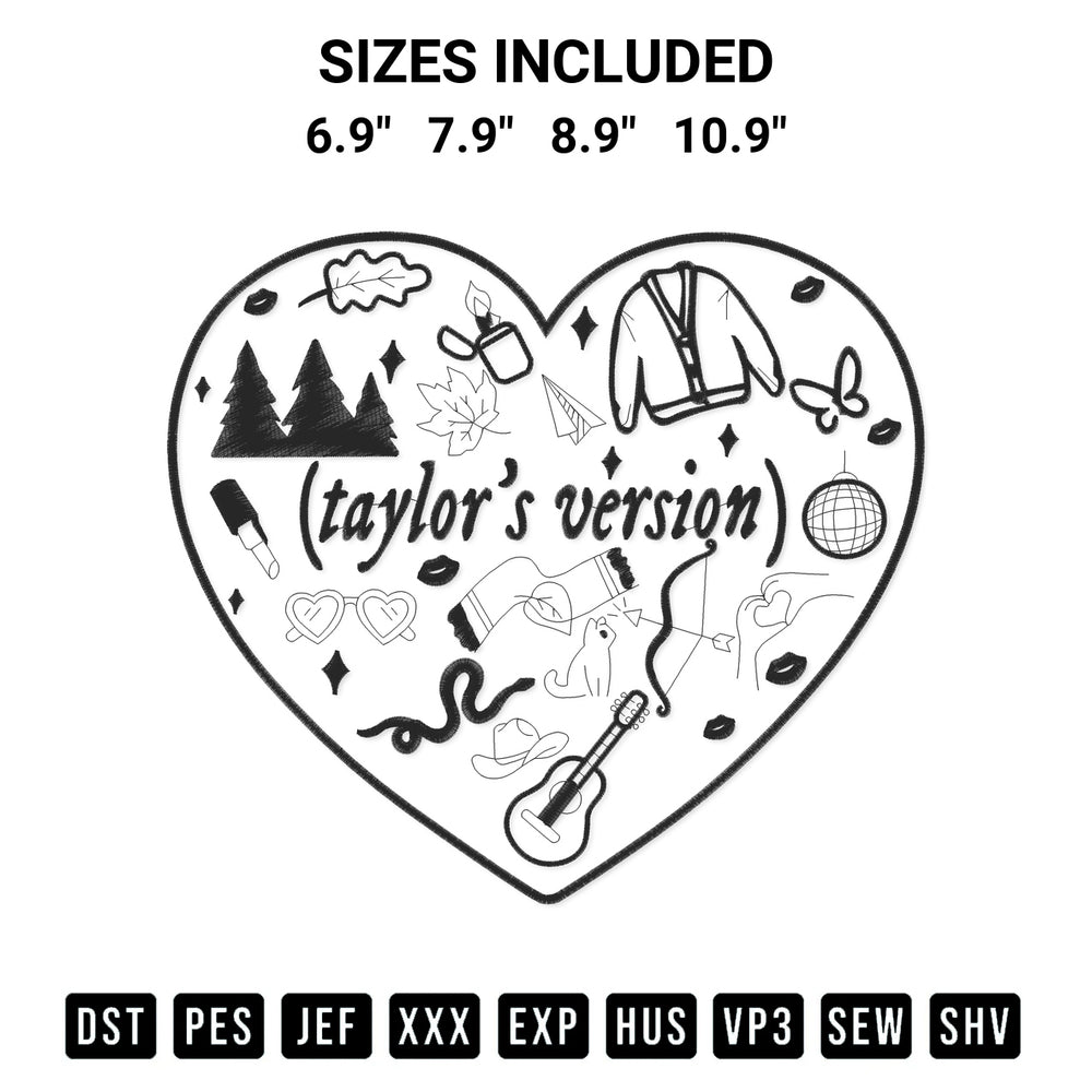 Get the Taylors Version Heart Embroidery Design embroidery design for your custom crafts! Premium digitized files available for instant download at Designspacks.com. Available sizes: 6.9", 7.9", 8.9", 10.9".