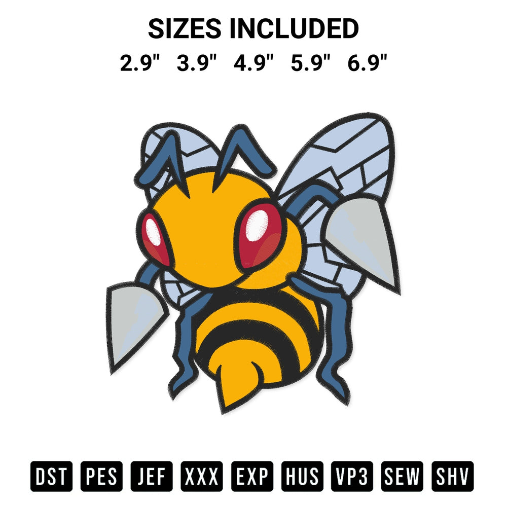 Stitch like a pro with the Beedrill Pokemon Embroidery Design embroidery pattern from Designspacks.com. High-quality digital machine embroidery file. Available sizes: 2.9", 3.9", 4.9", 5.9", 6.9".