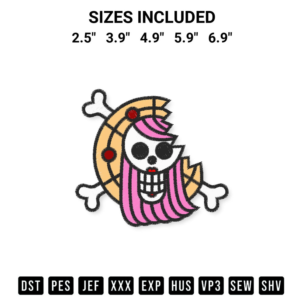 Shop the Jewelry Bonney Jolly Roger Embroidery Design machine embroidery pattern at Designspacks.com. Beautifully digitized for flawless stitching on any fabric. Available sizes: 2.5", 3.9", 4.9", 5.9", 6.9".