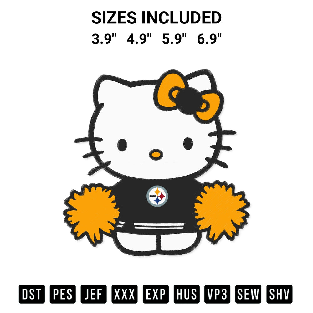 Download the Pittsburgh Steelers Hello Kitty Cheerleader Embroidery Design machine embroidery design exclusively at Designspacks.com. Premium digitized pattern for apparel and DIY crafts. Available sizes: 3.9", 4.9", 5.9", 6.9".