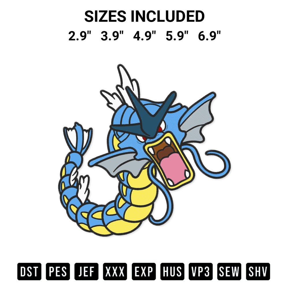 Transform your fabrics with the Gyarados Pokemon Embroidery Design embroidery design. Instant access to premium digitized patterns at Designspacks.com. Available sizes: 2.9", 3.9", 4.9", 5.9", 6.9".