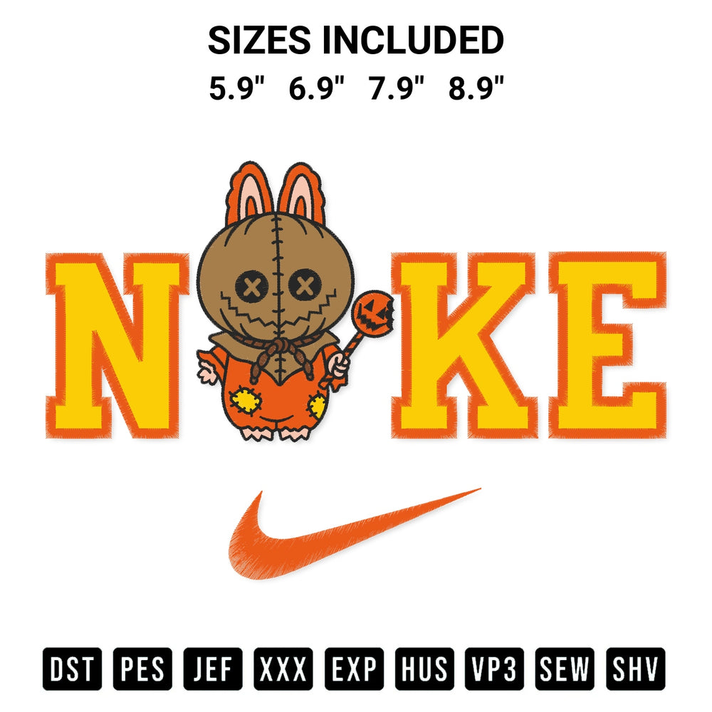 Stitch like a pro with the Nike Trick R Treat Sam Labubu Embroidery Design embroidery pattern from Designspacks.com. High-quality digital machine embroidery file. Available sizes: 5.9", 6.9", 7.9", 8.9".