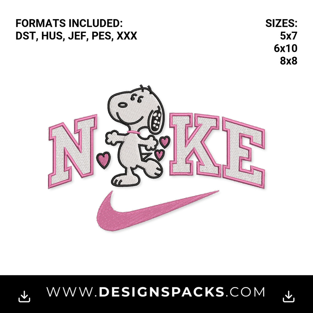 Cute Pink Snoopy Nike Swoosh Hearts Embroidery Design - Instant digital download pattern at Designspacks.com