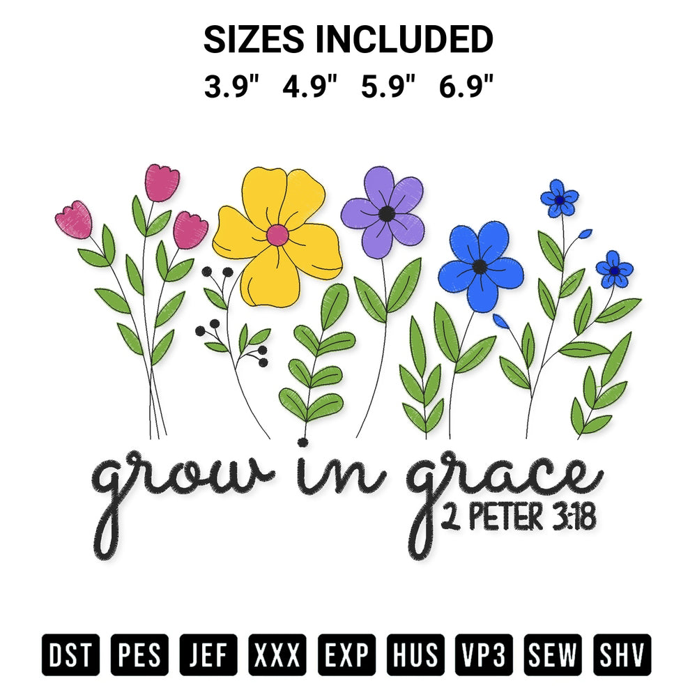Transform your fabrics with the Grow In Grace Embroidery Design embroidery design. Instant access to premium digitized patterns at Designspacks.com. Available sizes: 3.9", 4.9", 5.9", 6.9".