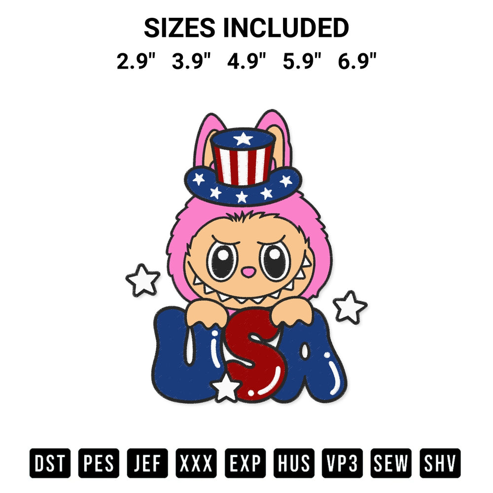 Add a unique touch to your apparel with the Labubu Usa Embroidery Design embroidery file. Premium instant download available now on Designspacks.com. Available sizes: 2.9", 3.9", 4.9", 5.9", 6.9".