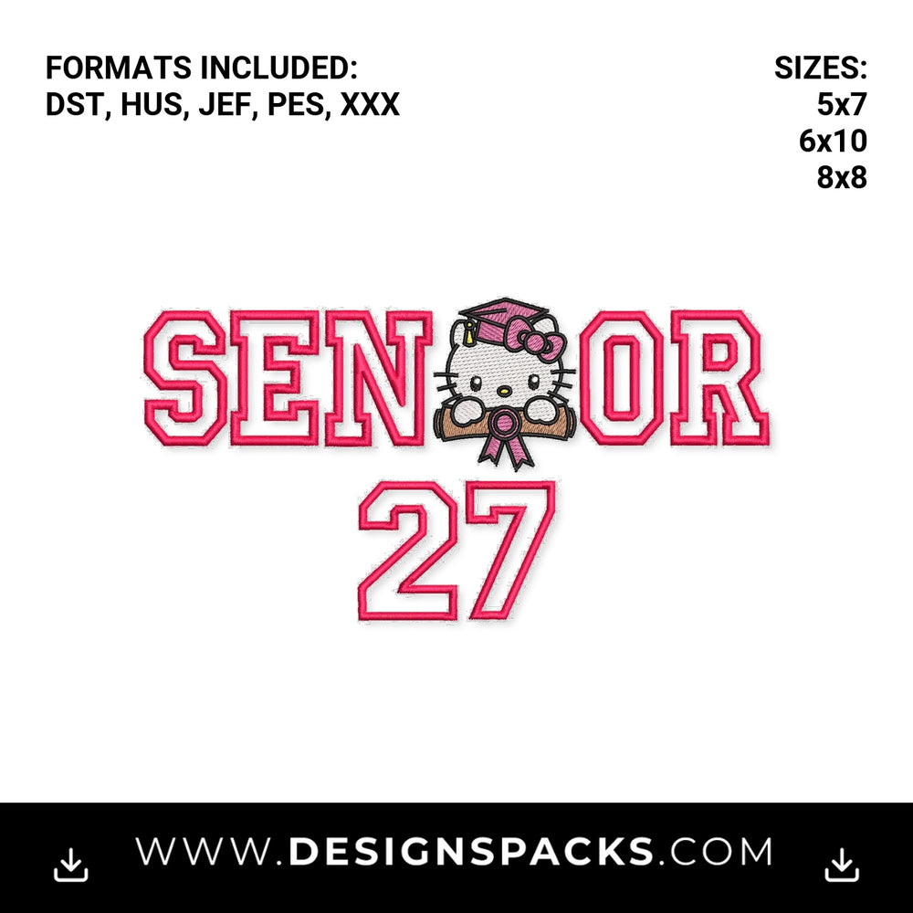 Pink Senior 27 Cute Kitty Graduation Embroidery Design - Instant digital download pattern at Designspacks.com