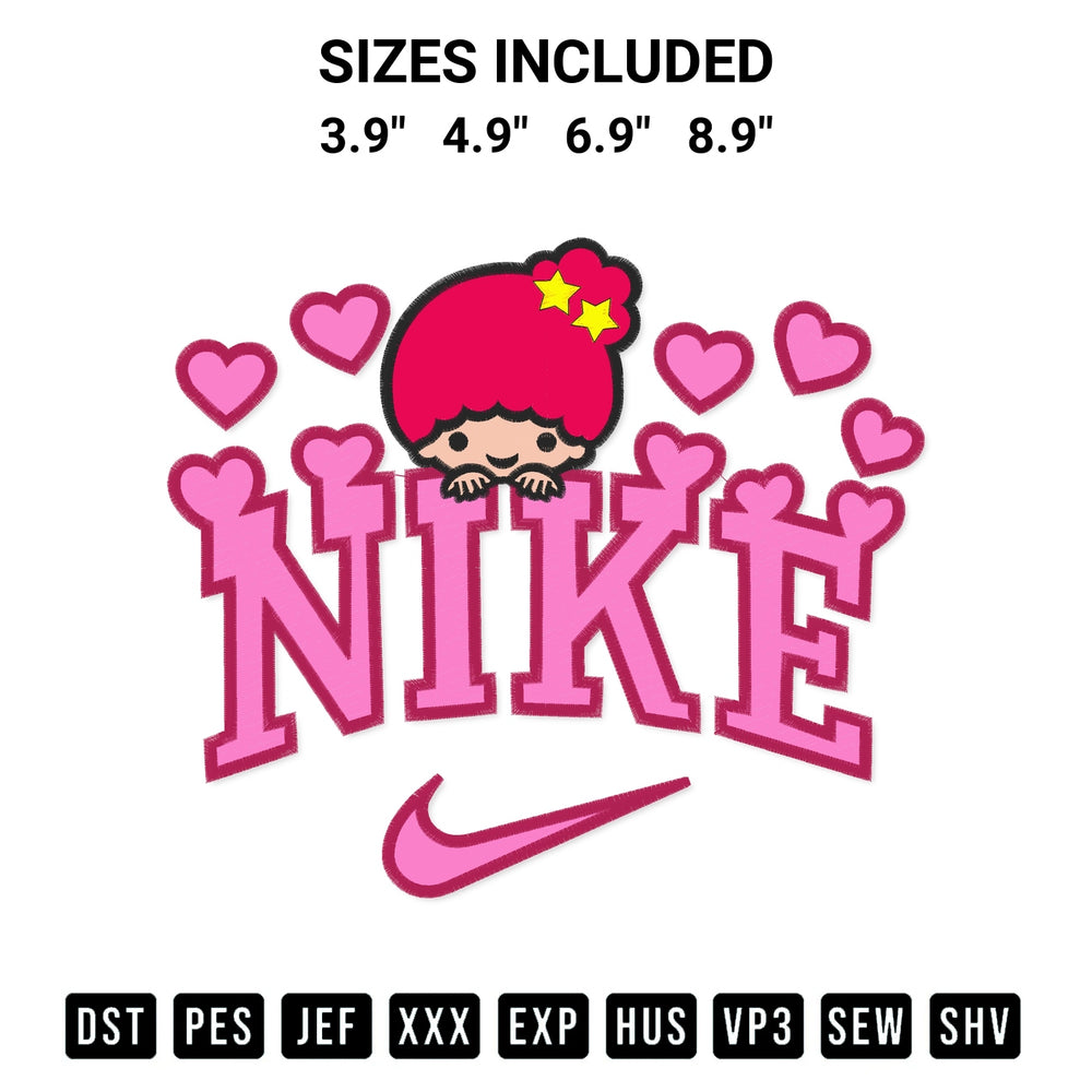 Add a unique touch to your apparel with the Nike Lala Sanrio Hearts Embroidery Design embroidery file. Premium instant download available now on Designspacks.com. Available sizes: 3.9", 4.9", 6.9", 8.9".