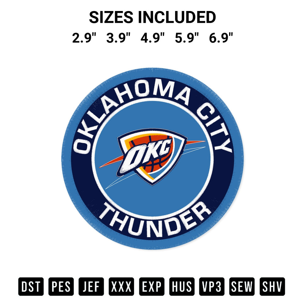 Transform your fabrics with the Oklahoma City Thunder Circle Logo Embroidery Design embroidery design. Instant access to premium digitized patterns at Designspacks.com. Available sizes: 2.9", 3.9", 4.9", 5.9", 6.9".