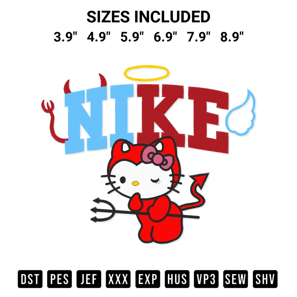 Transform your fabrics with the Hello Kitty Devil X Nike Embroidery Design embroidery design. Instant access to premium digitized patterns at Designspacks.com. Available sizes: 3.9", 4.9", 5.9", 6.9", 7.9", 8.9".