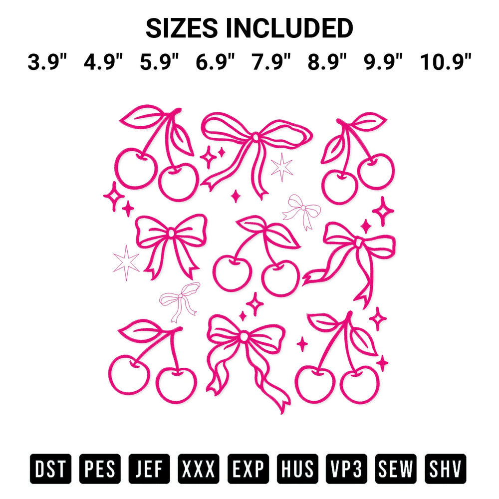 Stitch like a pro with the Coquette Cherry Bows Embroidery Design embroidery pattern from Designspacks.com. High-quality digital machine embroidery file. Available sizes: 3.9", 4.9", 5.9", 6.9", 7.9", 8.9", 9.9", 10.9".