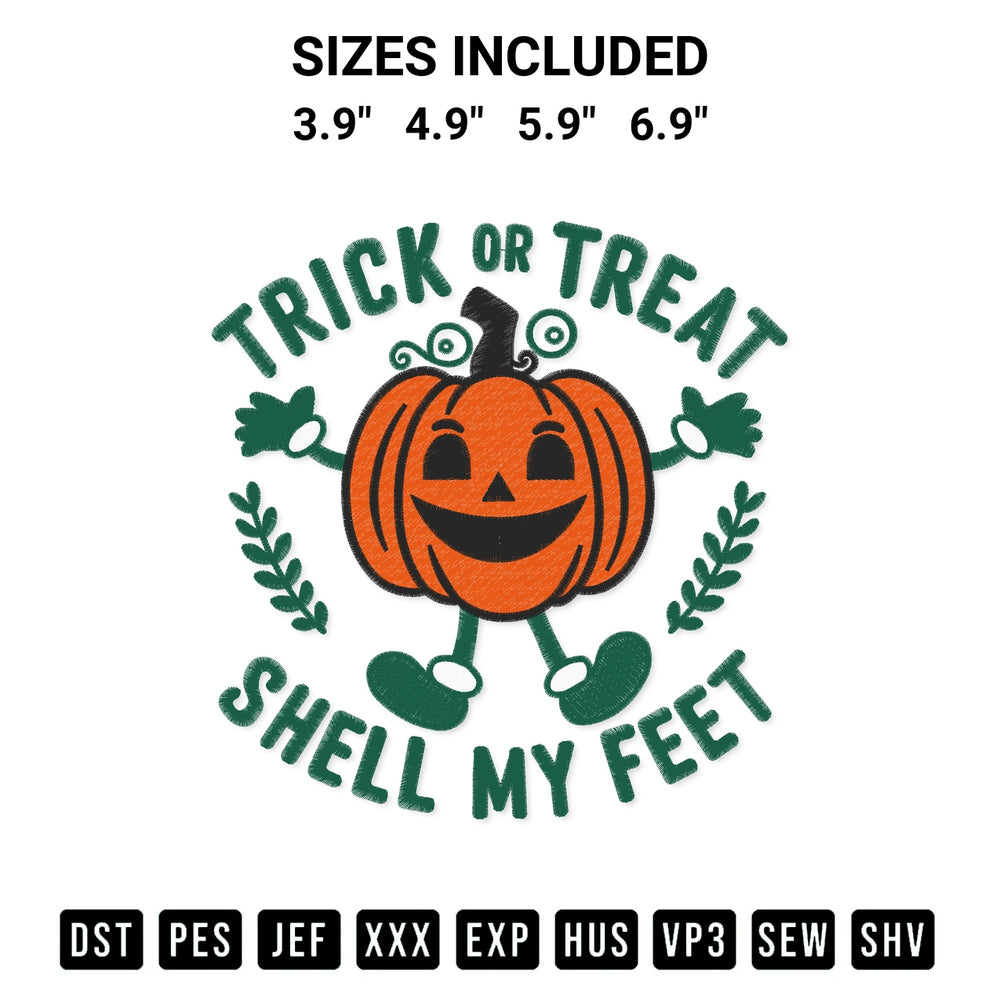 Discover the perfect addition to your crafting collection: Trick Or Treat Shell My Feet Embroidery Design embroidery file. Instantly available at Designspacks.com. Available sizes: 3.9", 4.9", 5.9", 6.9".