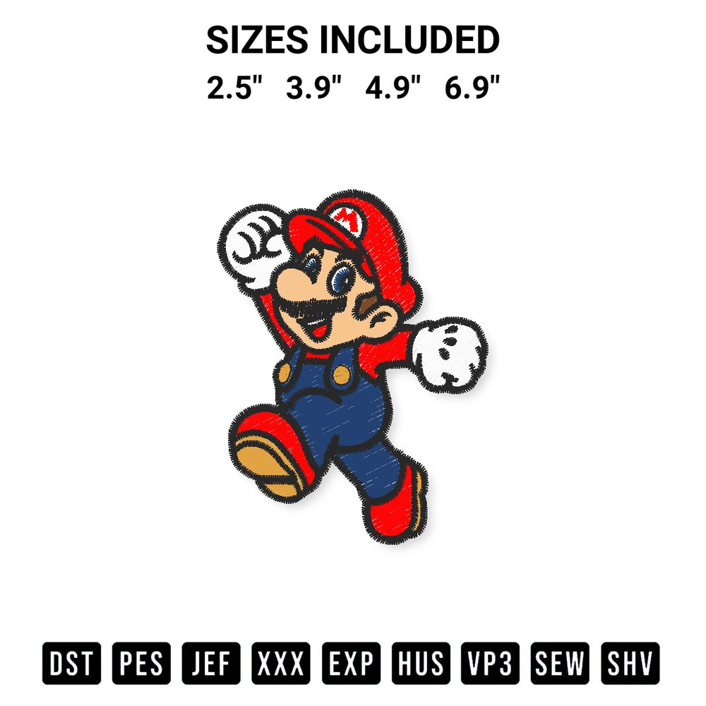 Shop the Super Mario Running Funny Embroidery Design machine embroidery pattern at Designspacks.com. Beautifully digitized for flawless stitching on any fabric. Available sizes: 2.5", 3.9", 4.9", 6.9".