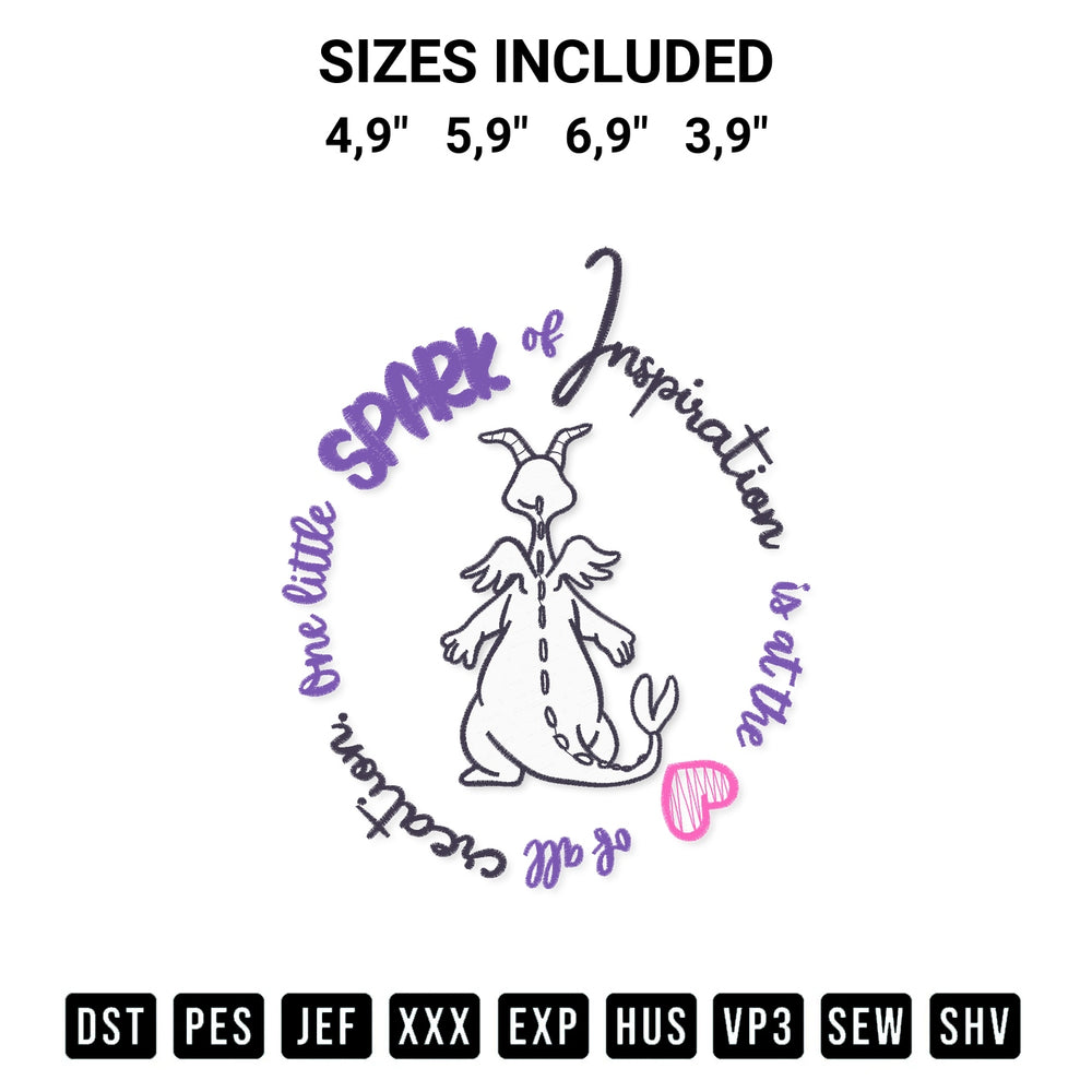 Add a unique touch to your apparel with the Disney One Little Spark Of Inspiration Is At The Heart Of All Creation Embroidery Design embroidery file. Premium instant download available now on Designspacks.com. Available sizes: 4,9", 5,9", 6,9", 3,9".
