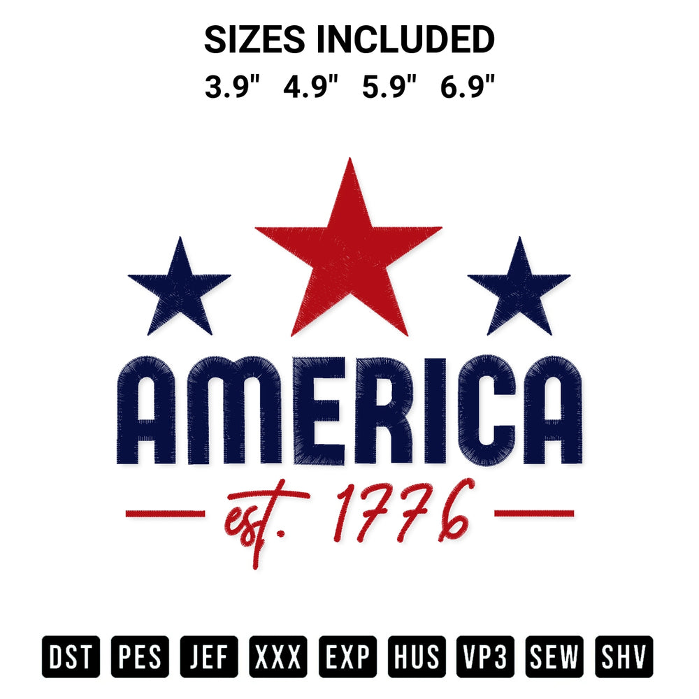 Stitch like a pro with the America Est 1776 Embroidery Design embroidery pattern from Designspacks.com. High-quality digital machine embroidery file. Available sizes: 3.9", 4.9", 5.9", 6.9".